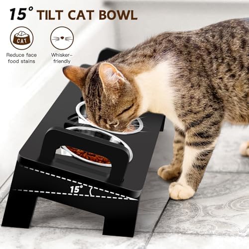 Bamboo Elevated Cat Bowls, 3 Stainless Steel Raised Cat Bowl with Stand, 15°Tilted Cat Feeding Station, Cat Food and Water Bowl Set for Small Cats, Anti Vomitting, Whisker Fatigue (Black) - Image 4