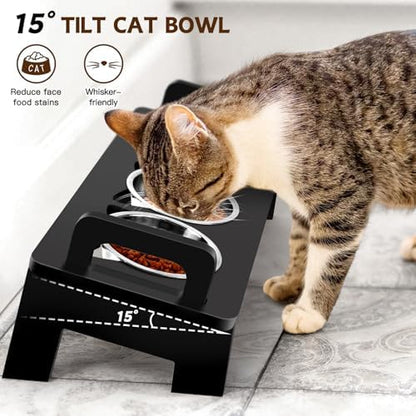Bamboo Elevated Cat Bowls, 3 Stainless Steel Raised Cat Bowl with Stand, 15°Tilted Cat Feeding Station, Cat Food and Water Bowl Set for Small Cats, Anti Vomitting, Whisker Fatigue (Black) - Image 4