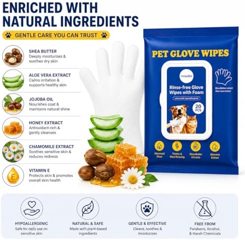 Pet Cleaning Gloves Wipes for Dogs & Cats – Disposable Grooming Gloves for Paws, Ears, Teeth & Body – Gentle & Easy No-Rinse Cleaning (20 Count) - Image 7