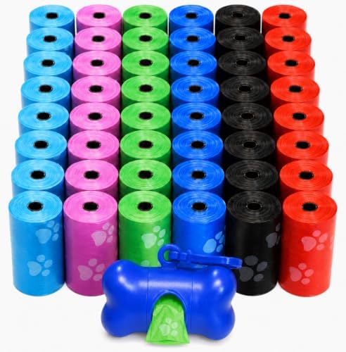 Downtown Pet Supply Poop Bags for Dogs with Dispenser, 1000 Count - Leak-Proof Dog Waste Bags and Bone-Shaped Dog Poop Bags Holder for Leash - Rainbow with Paw Prints, 12.5" x 8.5" by DowntownPetSupply