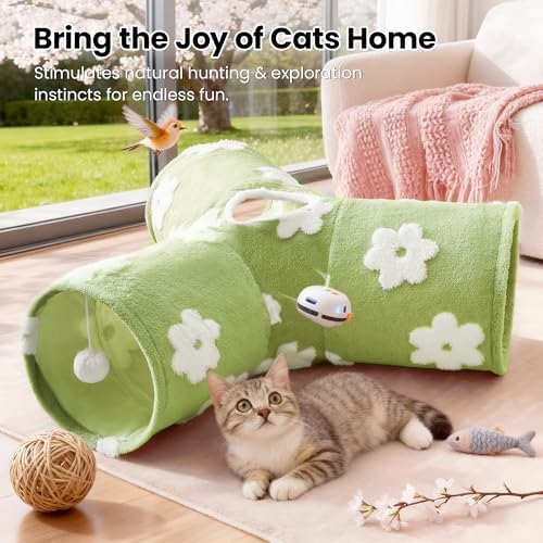 Tempcore Cat Tunnel, 3-Way Collapsible Toy for Indoor Cats, Daisy Green - Image 5