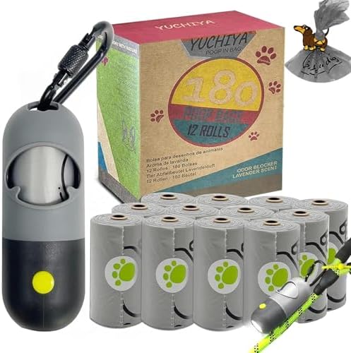 Dog Poop Waste Bags Holder with LED Flashlight|Cute Doggie Poo Bags Dispenser for Pet Leash|Trash Waste Bags Carrier with Potty Clip Fastener LR44 Button Cells Included (Grey, 1 Holder 195 Bags) by YUCHIYA