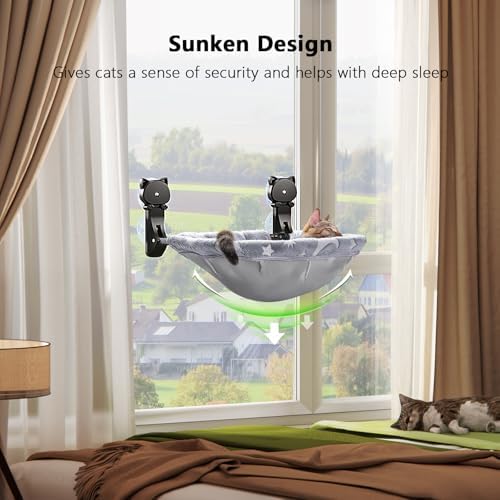 JUNSPOW Cat Window Perch Cordless, Glow in The Dark & Stable Cat Beds- Breathable Window Hammock for Overlooking, Sunbathing and Climbing - Maximum Hold Up to 40lb(Grey) - Image 3