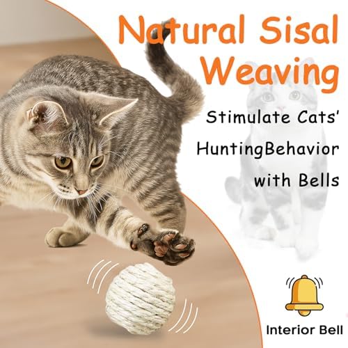 3-Pack Sisal String Rattle Ball Toy for Indoor Cats - All Natural Woven Fibers, Assorted Colors - Image 5