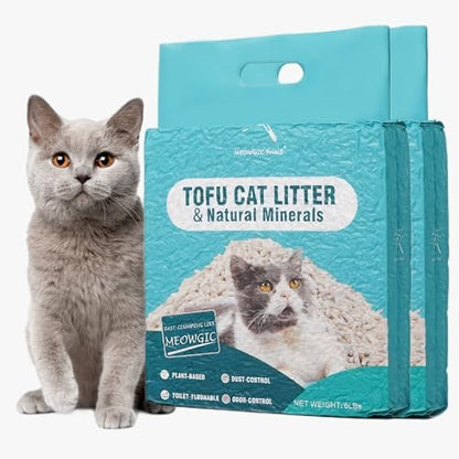Plant-Based Cat Litter, Odor Control Quick Clumping Tofu Cat Litter, 12 lbs, Low Tracking Dust Control Lightweight Flushable Unscented Natural Kitty Litter by Meowgic+Paws