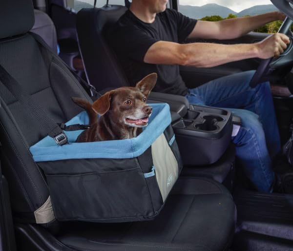 Kurgo Dog Booster Seat - Keeps Dogs Secure & Comfortable - Waterproof Exterior - Removable Washable Liner - Dog Car Seat with Harness Strap - Collapsible - Rover Style - Black/Blue