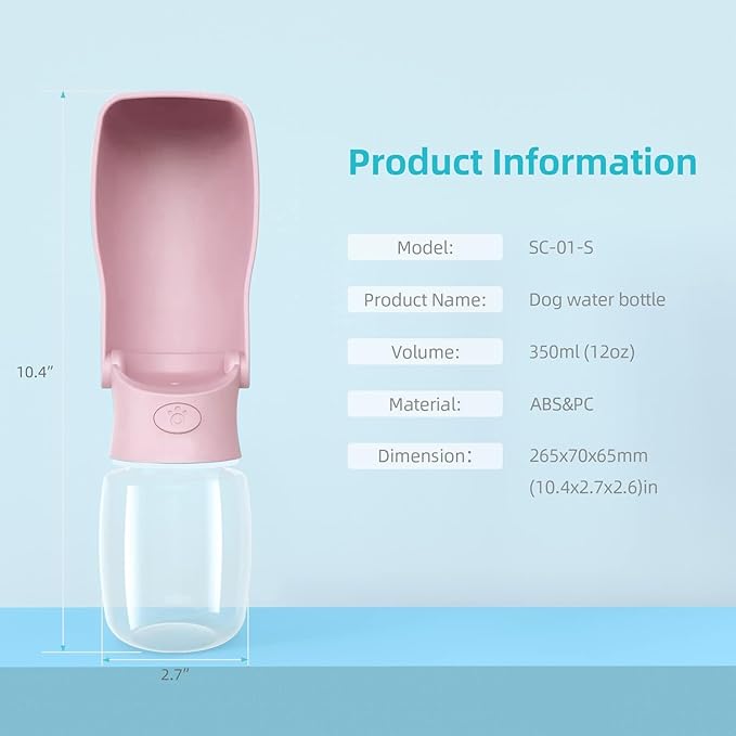 Portable Dog Water Bottle for Walking 19 OZ or 12 OZ Portable Pet Water Bottles for Puppy Small Medium Large Dogs Water Dispenser Pet Water Bowl Dog Accessories (19OZ Pink) (Pink 12 OZ)