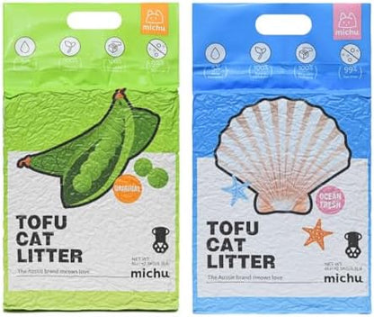 Michu Tofu Cat Litter Natural Clumping Tofu Cat Litter, Fast Clumping and Easily Scoop-able 5.5lb/88oz 5 Scents - Original + Ocean Fresh, 2 Pack by Michupet