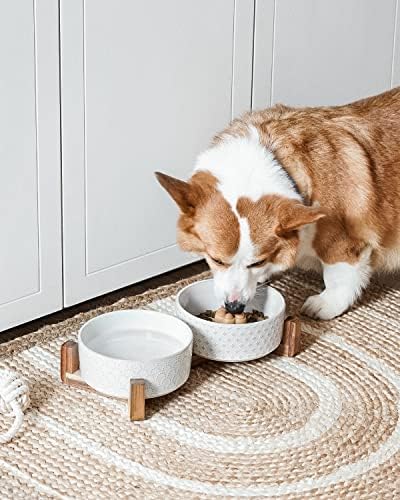 LE TAUCI Dog Bowl Set with Acacia Wood Stand - 1.8-Cup Ceramic Puppy Bowls for Small Dogs, Dual Food and Water Bowls with Weighted Non-Slip Base - Image 3