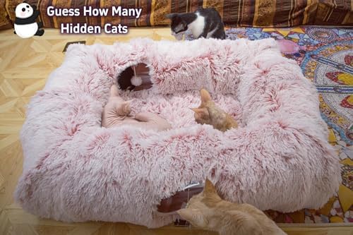 XxingSheep 4-Cave Plush XL Cat Tunnel Bed Indoor Cats Peekaboo Toy Mat Pink - Image 2