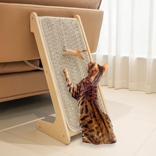 PETKARAY Cat Scratcher, Sisal Cat Scratching Ramp, L Shape Scratch Board for Indoor Kitty, 27" Wall Furniture Protector with Mouse Toy, Chevron by PETKARAY