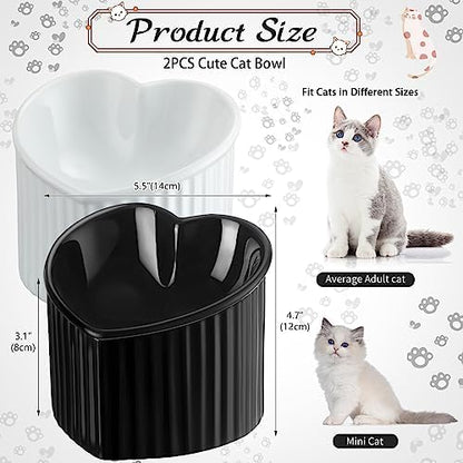 Mumufy 2 Pcs Ceramic Elevated Cat Bowls Tilted Elevated Raised Pet Bowls Anti Vomit Cat Dish for Indoor Stress Free Water Dish Feeder for Puppies, Heart Shaped(Pearly White, Black) - Image 2