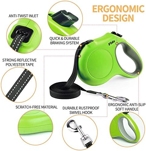 Fida Retractable Dog Leash with Dispenser and Poop Bags, 16 ft, Green - Image 3