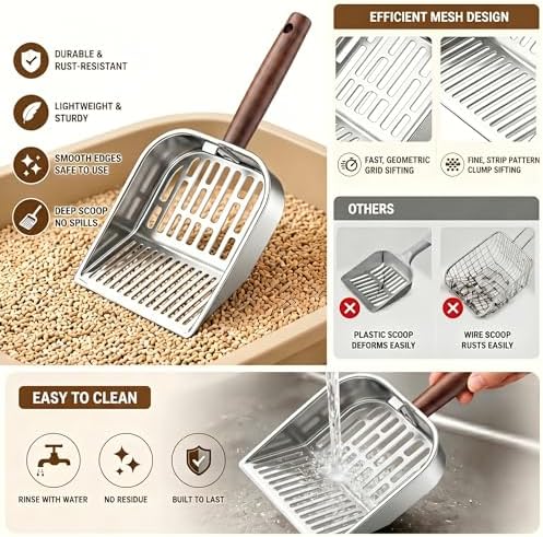 Premium Wood Handle Cat Litter Scoop, 304 Stainless Steel Shovel with Long Striped Holes, Aesthetic Kitty Litter Sifter for Tofu & Pellets, Ergonomic Design for Daily Use - Image 4