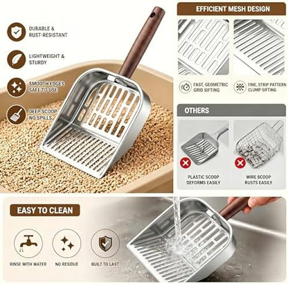 Premium Wood Handle Cat Litter Scoop, 304 Stainless Steel Shovel with Long Striped Holes, Aesthetic Kitty Litter Sifter for Tofu & Pellets, Ergonomic Design for Daily Use - Image 4