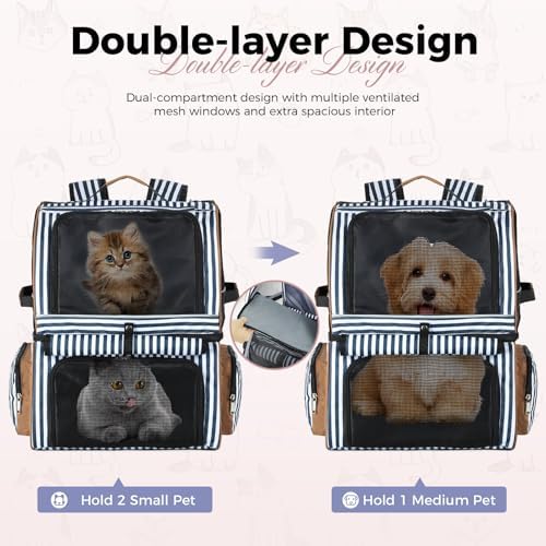 Double Cat Backpack Carrier for 2 Cats, Double-Compartment Pet Carrier Backpack for 2 Small Cat or One Medium Cat, Cats Carrier Backpack Dog Carrier Backpack Fits Up to 24 Lbs,Blue Striped - Image 3