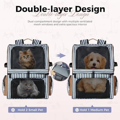 Double Cat Backpack Carrier for 2 Cats, Double-Compartment Pet Carrier Backpack for 2 Small Cat or One Medium Cat, Cats Carrier Backpack Dog Carrier Backpack Fits Up to 24 Lbs,Blue Striped - Image 3