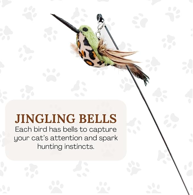 Interactive Cat Toys for Indoor Cats - 5 Replacement Feathers with Bells - Teaser Wand Toy - Self Play Bird Simulation - Bored Adult Feline Hunting Solo Chaser Activity - Kitten Juguetes para Gatos