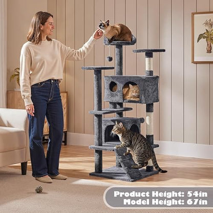 Yaheetech 54in Cat Tree Tower, 2 Caves, Kitten-Ear Perch & Scratching Posts - Image 2
