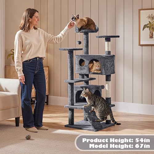 Yaheetech 54in Cat Tree Tower, 2 Caves, Kitten-Ear Perch & Scratching Posts - Image 2