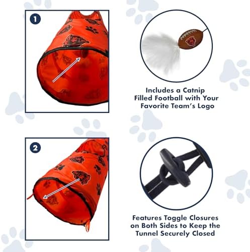 NFL Denver Broncos Cat Tunnel Tube Toy with Plush Football Catnip and Feathers Collapsible Tunnel for Cats to Play, Peek and Hide, Sporty & Fun Cat Tunnel Toy with Team Logo All-Over Design! - Image 6