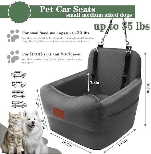 Dog Car Seat for Small/Medium Dogs,2 Adjustable Seat Belt,Memory Foam with Soft Fabric Pets Travel Car Bed with Non-Slip Bottom,Easily Installed in Front and Back Seats,Removable and Washable(H-Grey - Image 2