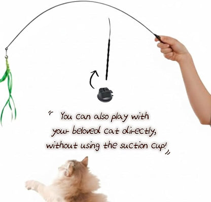 Cat Wand Toy with Suction Cup, Including 8Pcs Refills (Bird, Feather, Mouse, Butterfly, Ball, Chick, Fish), and can be Used as Individual Wands When Detached