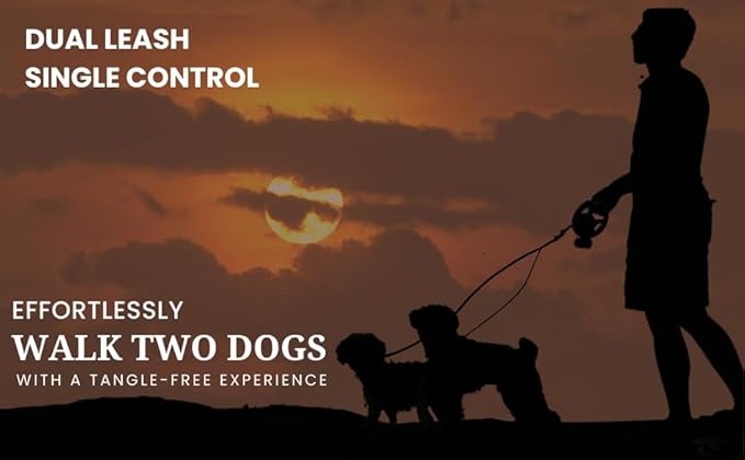 All-in-One Retractable Dual Dog Leash with LED Light and Poop Bag Holder, 360° Tangle-Free Swivel, One-Touch Brake/Lock, Durable Tape & Ergonomic Grip – for Two Small Dogs