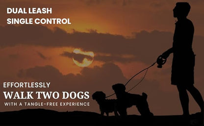 All-in-One Retractable Dual Dog Leash with LED Light and Poop Bag Holder, 360° Tangle-Free Swivel, One-Touch Brake/Lock, Durable Tape & Ergonomic Grip – for Two Small Dogs