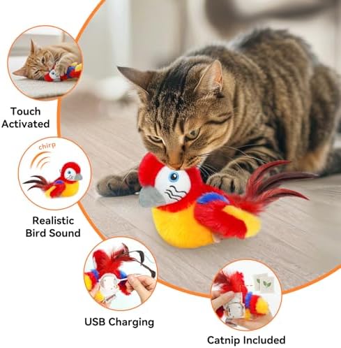Cat Toys Flapping Bird(Cannot Fly), Electric Simulated Chirping Bird Interactive Kitten Toy with Flappy Wings, Rechargeable Touch Activated Toy with Catnip and Feather for Indoor Cats - Red - Image 2