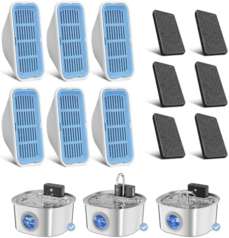 Voluas Replacement Cat Water Fountain Filters, 6 Filters and 6 Pre-Filter Sponges for 108oz/3.2L Stainless Steel Pet Water Fountain 309A/309B/309C by Voluas