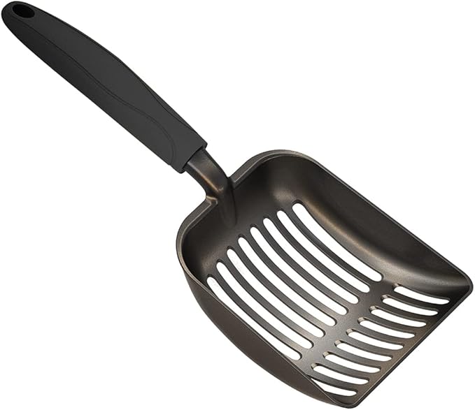 WePet Cat Litter Scoop, Non-Stick Plated Aluminum Alloy Sifter, Kitty Durable Metal Scooper, Deep Shovel, Long Handle, Kitten Pooper Lifter, Size Medium, Coated Black Body with Black Handle