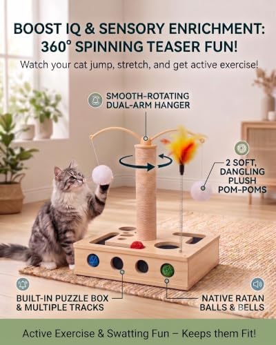 4-in-1 Wooden Interactive Cat Toy with Scratching Post & 3 Rattan Bell Balls - Cat Puzzle Box Treat Maze, 360° Rotating Spinning Teaser with Hanging Pom Poms, Durable Sisal Scratcher for Indoor Cats - Image 2