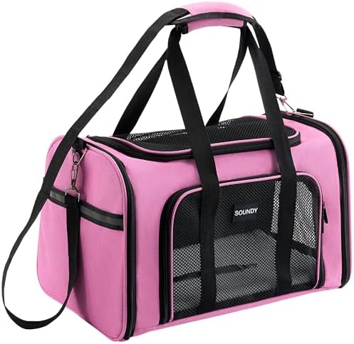 Soundy Large Cat Carrier Dog Carrier Under 25 Lbs,Collapsible Ventilated Portable Pet Bag with Soft Sided Breathable Mesh for Long Car Trips Maxi Load 2 Kittens or Small, Medium Dog (Large Pink) by Soundy
