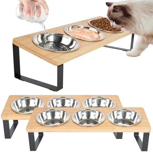 2 Set Elevated Cat Food Water Bowls, 6 Stainless Steel Bowls, 15° Tilted Raised Cat Bowl Set, for Indoor Cats for Small Cats and Puppies Pet Bowls with Stand by Unknown