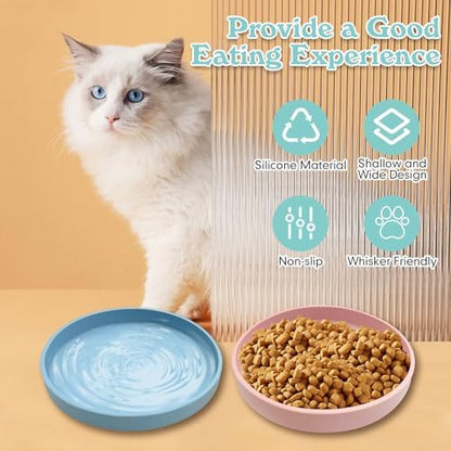 Silicone Cat Food Bowl Shallow Dishes 5.9in Wide Cats Bowls 3 Pcs Kitty Plates Relief Whisker Fatigue Puppy Feeding Bowl for Dry and Wet Food Indoor (Blue + Pink + Green) - Image 4
