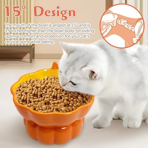 Hamiledyi Ceramic Raised Cat Bowl Tilted 15° Elevated Cat Bowl for Food or Water Anti Vomiting and Whisker Fatigue Cute Pumpkin Shaped Pet Feeder Bowl for Indoor Cats Kitten and Dogs (Orange Pumpkin) - Image 6
