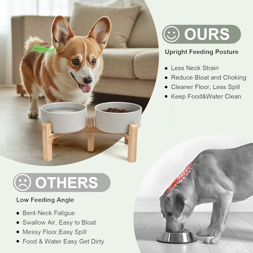 SPUNKYJUNKY Elevated Dog Bowls Ceramic, 6.1'' Dogs and Cat Food Water Bowls Raised with Non-Slip Bamboo Stand for Medium Sized Breed Microwave Dishwasher Safe - 28.7 OZ,Grey - Image 3