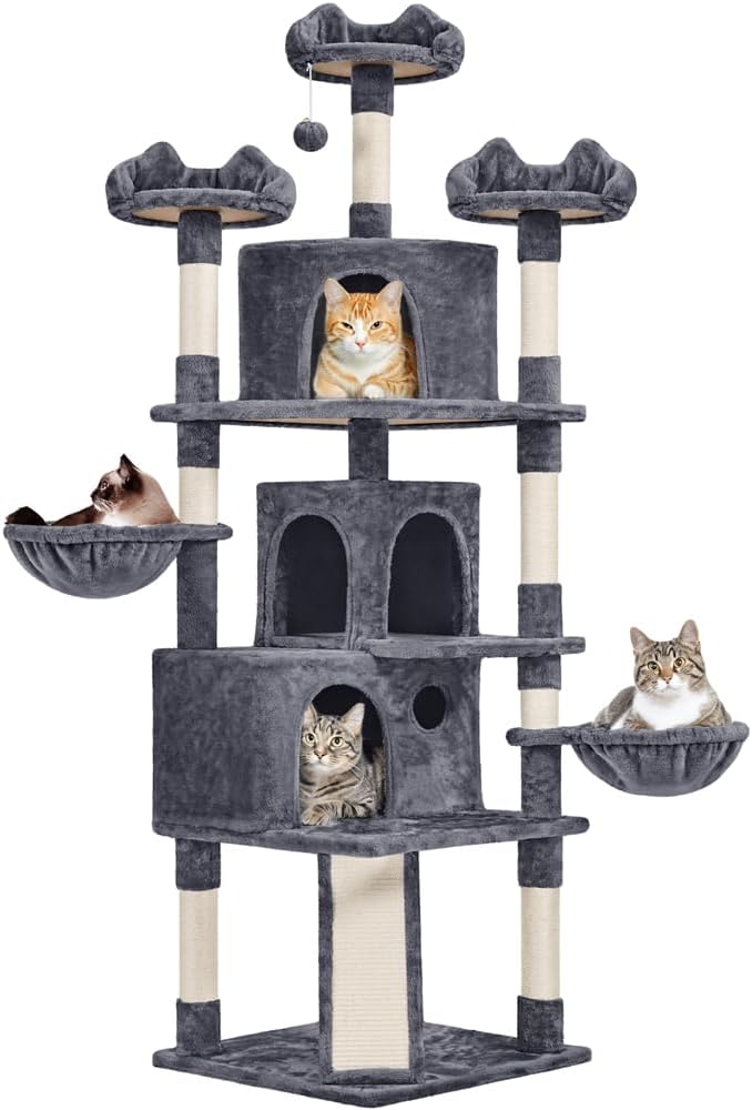 Yaheetech 76.5in Multi-Level Large Cat Tree, Big Cat Tower with 3 Condos, Cozy Plush Perches, 9 Sisal Scratching Posts and Ladder, Activity Center for Large Kitties, Dark Gray
