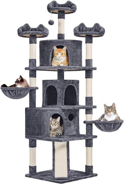 Yaheetech 76.5in Multi-Level Large Cat Tree, Big Cat Tower with 3 Condos, Cozy Plush Perches, 9 Sisal Scratching Posts and Ladder, Activity Center for Large Kitties, Dark Gray