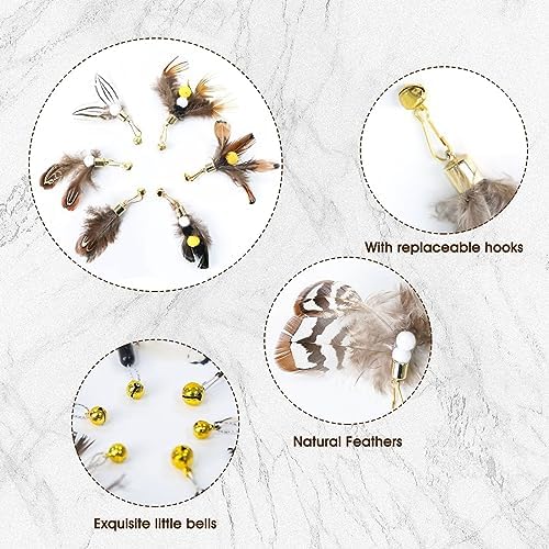 Cat Insect Feather Toys Replacement Cat Toy Wand Refills, 6 Pieces Natural Insect Cat Toy Feathers Refill, Interactive Cat Teaser Wand Attachments, with Bell - Image 2