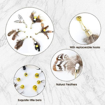 Cat Insect Feather Toys Replacement Cat Toy Wand Refills, 6 Pieces Natural Insect Cat Toy Feathers Refill, Interactive Cat Teaser Wand Attachments, with Bell - Image 2