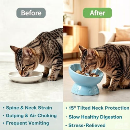 Ceramic Slow Feeder Cat Bowl, Elevated Tilted Design, Blue - Image 4