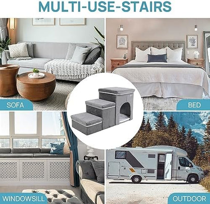 Foldable Pet Stairs with Cozy House & Storage - Image 2
