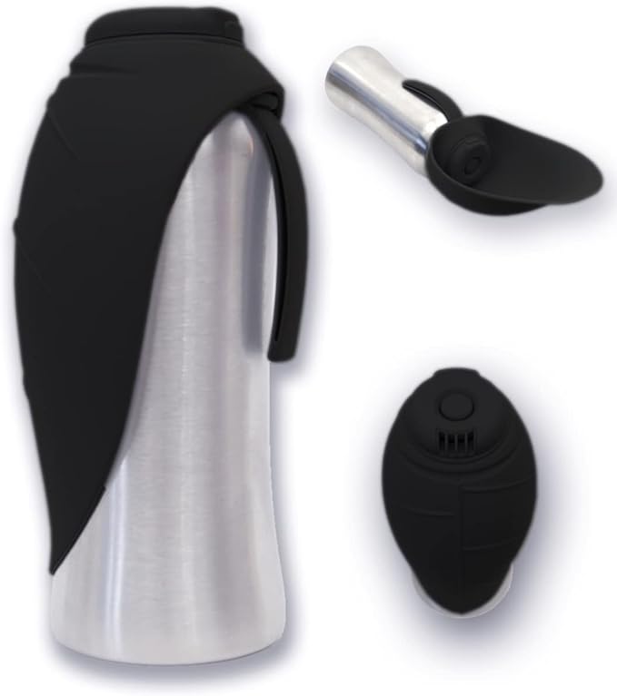 Portable Dog Water Dispenser | Stainless Steel Travel Bottle | Silicone Leaf Shaped Bowl | 27oz Black