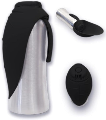 Portable Dog Water Dispenser | Stainless Steel Travel Bottle | Silicone Leaf Shaped Bowl | 27oz Black