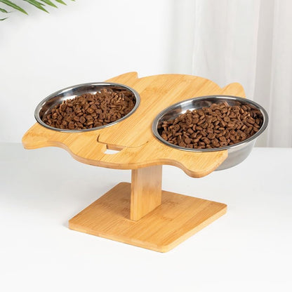 Elevated Cat and Dog Bowl Set – Dual Stainless Steel Bowls with Bamboo Animal-Shaped Stand, Raised Pet Feeder for Medium Dog Small Puppy and Cats to Reduce Neck Strain & Improve Digestion - Image 3