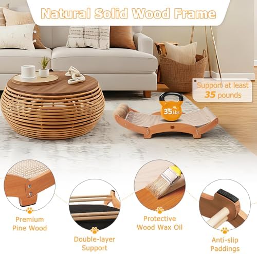 3 in 1 Sisal Cat Scratcher Bed, Solid Pine Cat Scratcher with Balls (Wood) - Image 6