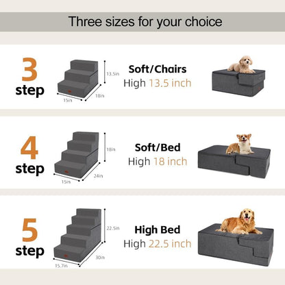 Dog Stairs for Small Dogs, 18" H, 4-Step Pet Steps for Bed Couch Sofa and Chair, Non-Slip Balanced Pet Ramp for Injured & Senior Pets with Washable Cover and Durable High Density Foam, Grey - Image 2