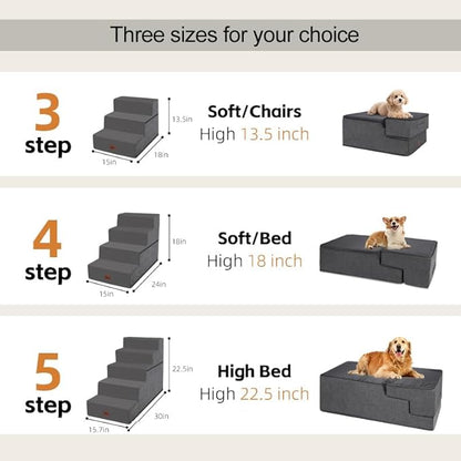 Dog Stairs for Small Dogs, 22.5" H, 5-Step Pet Steps for High Bed, Non-Slip Balanced Pet Ramp for Medium Cats,Indoor Dog Ladder, Grey
